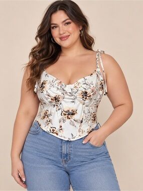 SHEIN Curve Plus Size Ivory Floral Satin Tie‑Shoulder Corset Bustier Top size 2X